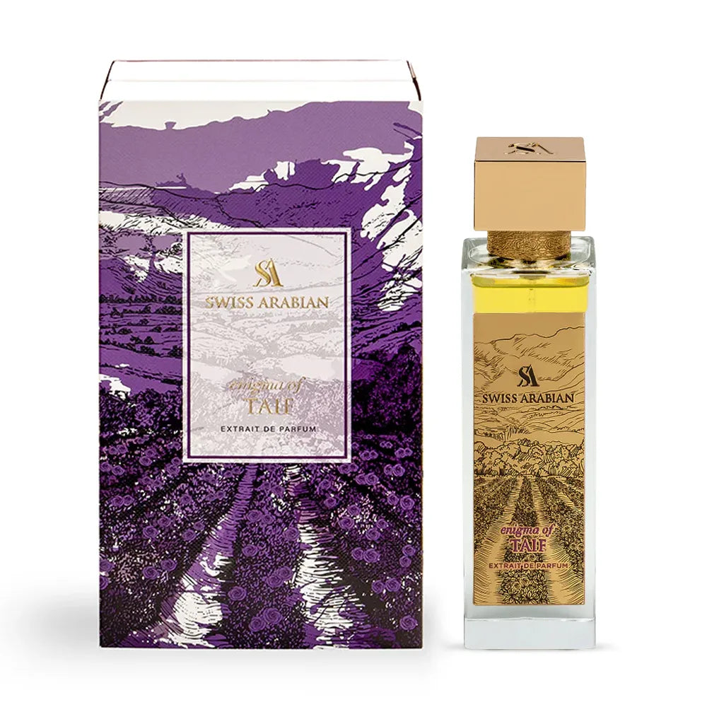 Swiss Arabian Enigma of Taif Extrait de Parfum 100 ml bottle – spicy plum opening with Taif rose heart and deep amber woody base