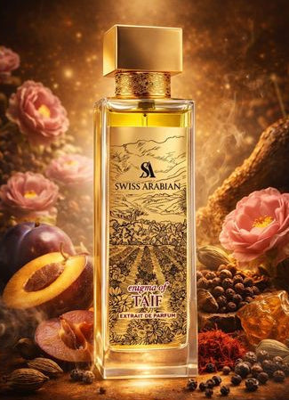 Swiss Arabian Enigma of Taif Extrait de Parfum 100 ml bottle – spicy plum opening with Taif rose heart and deep amber woody base