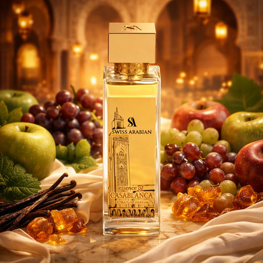 Swiss Arabian Essence of Casablanca Extrait de Parfum 100 ml bottle – juicy apple and grape opening with patchouli heart and amber vanilla base