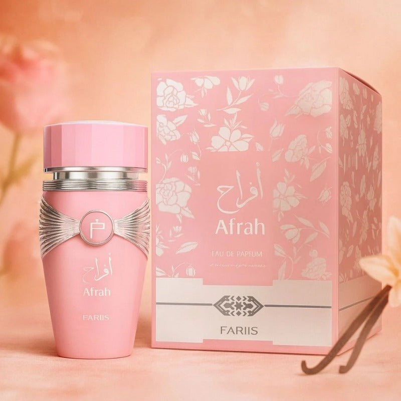 Fariis Afrah 100 ml bottle – fruity floral fragrance with warm amber and musk base.
