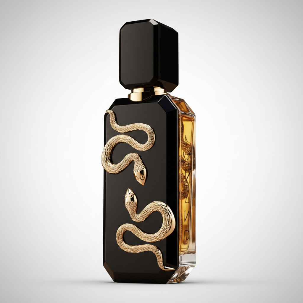 Perfume bottle with snake design on a beige background