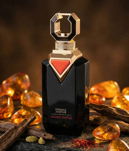 French Avenue Amber Empire Eau de Parfum 100 ml bottle – warm amber vanilla opening with cedarwood heart and tonka musk base