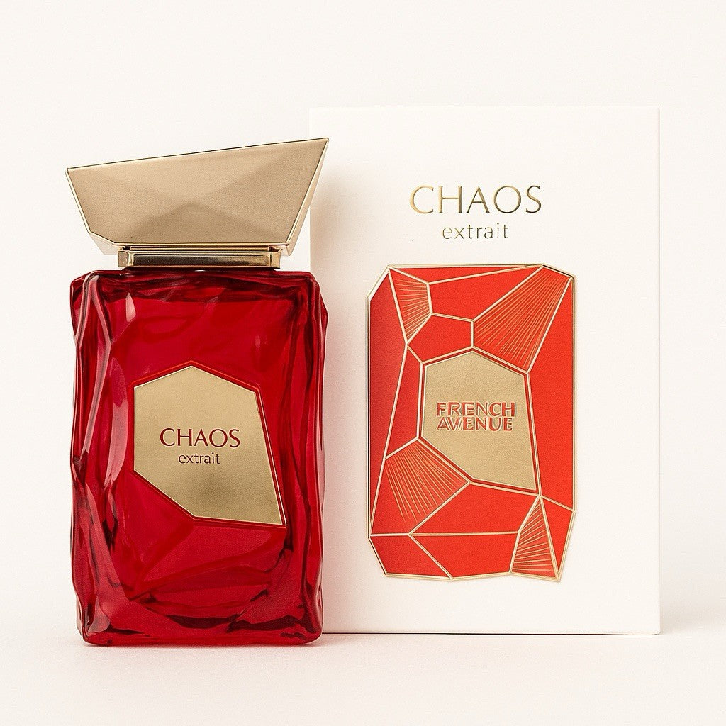 French Avenue Chaos Eau de Parfum 100 ml bottle – spicy woody amber fragrance with saffron, cinnamon, vanilla, and musky base