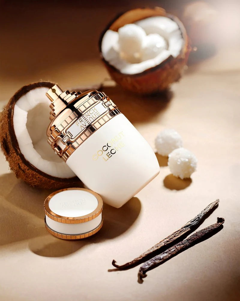 French Avenue Coconut Leche Eau de Parfum 100 ml bottle – creamy toasted coconut fragrance with tuberose, vanilla, and warm resinous base