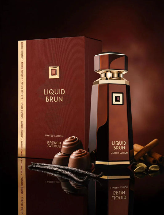 French Avenue Liquid Brun Limited Edition Extrait de Parfum 100 ml bottle – spicy cardamom citrus opening with creamy vanilla amber base