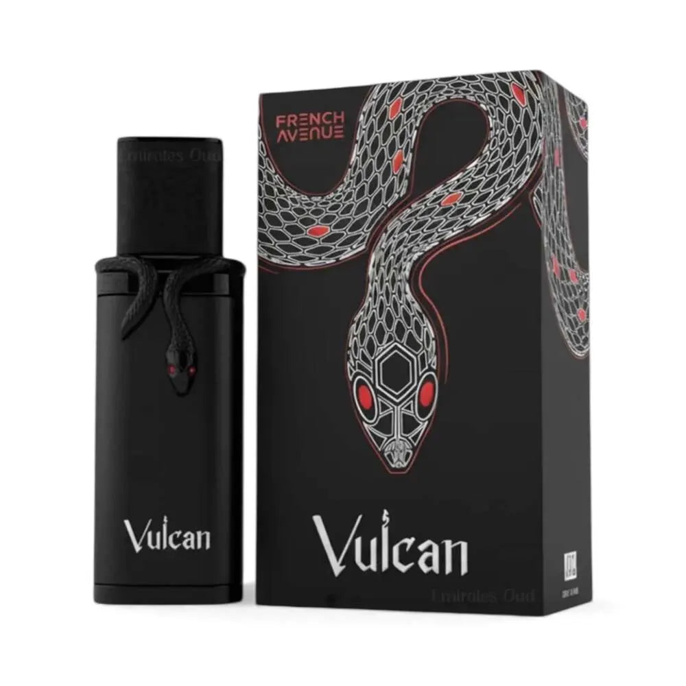French Avenue Vulcan Black Friday Eau de Parfum 100 ml bottle – saffron apple cinnamon opening with leather rose heart and earthy patchouli musk base