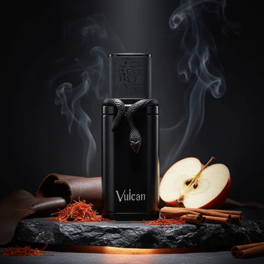 French Avenue Vulcan Black Friday Eau de Parfum 100 ml bottle – saffron apple cinnamon opening with leather rose heart and earthy patchouli musk base