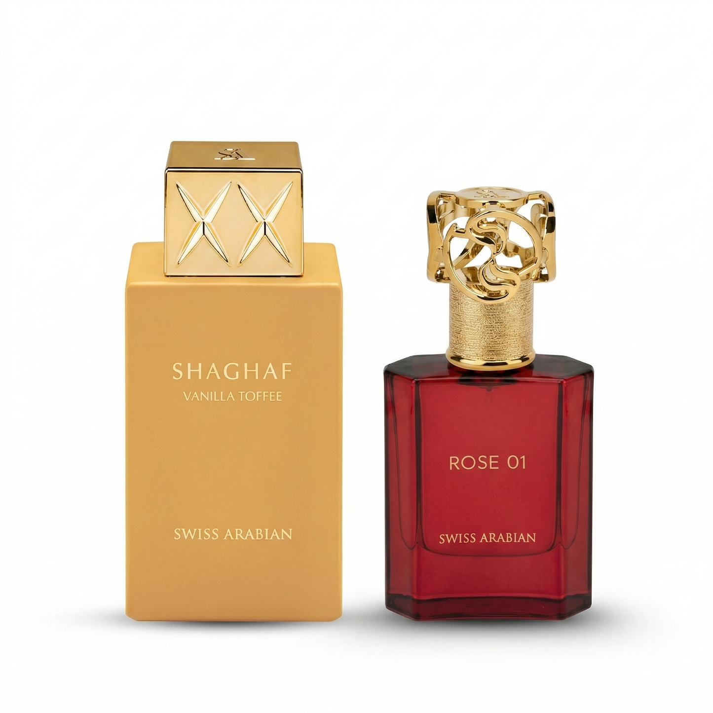 Swiss Arabian bundle with Shaghaf Vanilla Toffee and Rose 01 fragrances – gourmand and floral perfume duo