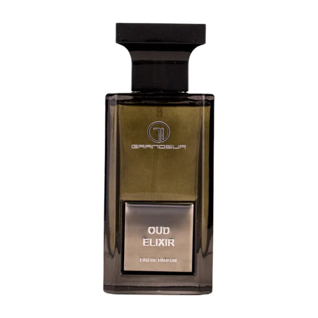Grandeur Oud Elixir 100 ml bottle – smoky resinous oud fragrance with dark woody musk base.