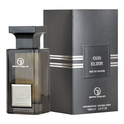 Grandeur Oud Elixir 100 ml bottle – smoky resinous oud fragrance with dark woody musk base.