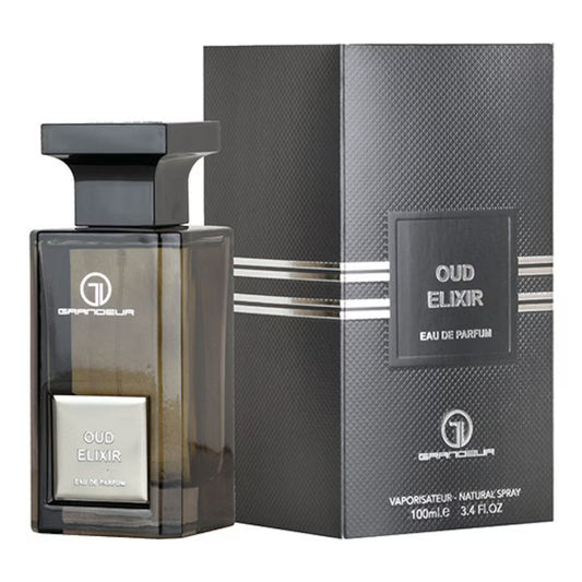 Grandeur Oud Elixir 100 ml bottle – smoky resinous oud fragrance with dark woody musk base.