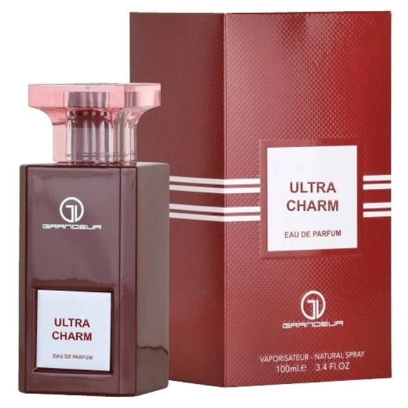 Grandeur Ultra Charm 100 ml bottle – sweet fruity floral fragrance with warm amber vanilla base.