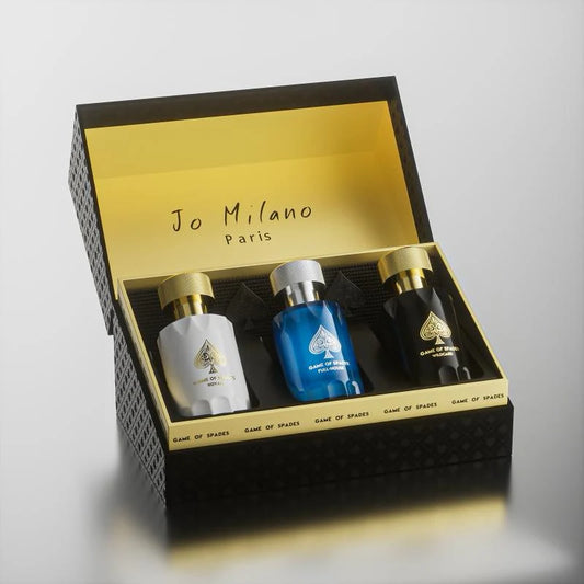 Jo Milano Game of Spades 3-Piece fragrance set including Wildcard Full-House and Royale luxury unisex perfumes