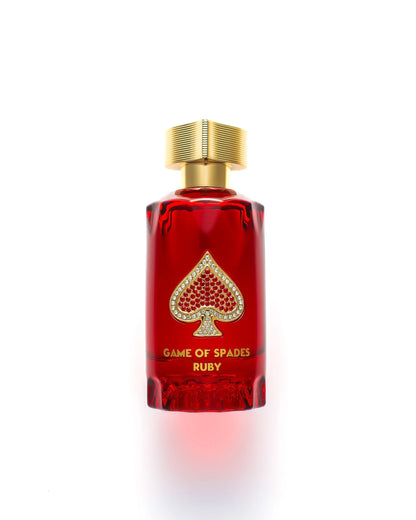 Jo Milano Game of Spades Ruby Eau de Parfum 100 ml bottle – saffron citrus opening with rose floral heart and amber woody musk base