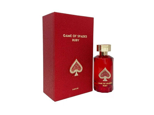 Jo Milano Game of Spades Ruby Eau de Parfum 100 ml bottle – saffron citrus opening with rose floral heart and amber woody musk base