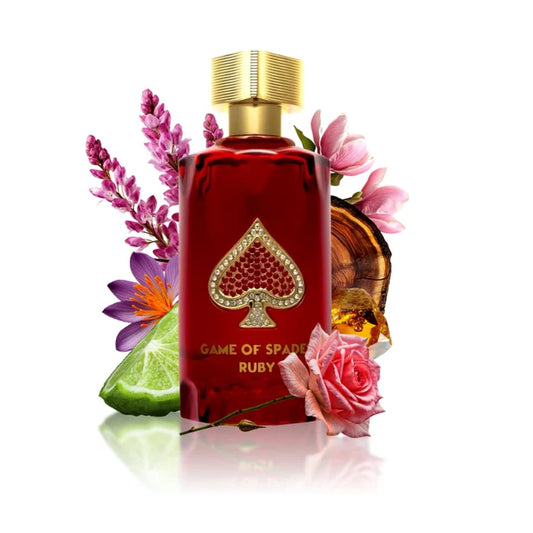 Jo Milano Game of Spades Ruby Eau de Parfum 100 ml bottle – saffron citrus opening with rose floral heart and amber woody musk base