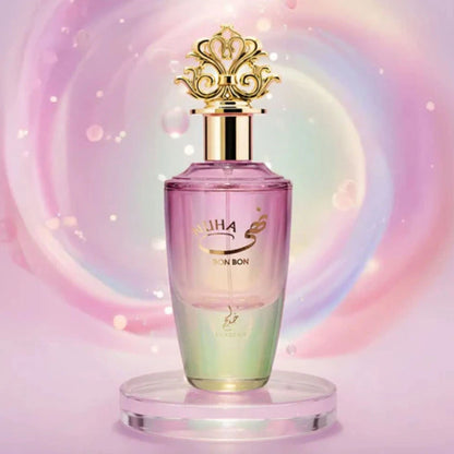 Khadlaj Nuha Bon Bon Eau de Parfum 85 ml bottle – creamy fruity gourmand fragrance with strawberry, milk, peach, ice cream, and vanilla absolute base