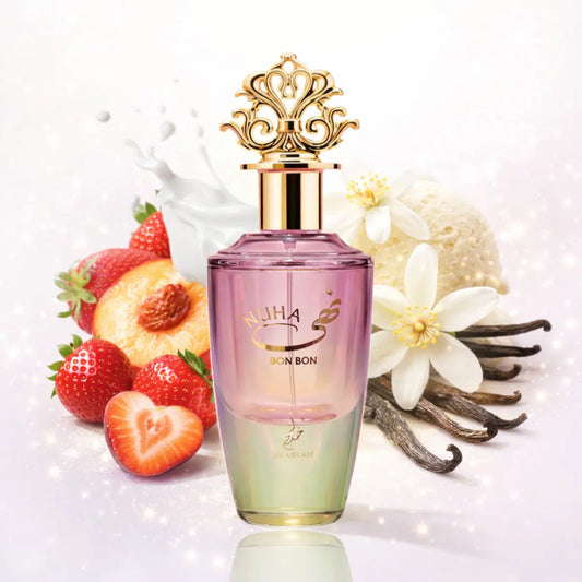 Khadlaj Nuha Bon Bon Eau de Parfum 85 ml bottle – creamy fruity gourmand fragrance with strawberry, milk, peach, ice cream, and vanilla absolute base