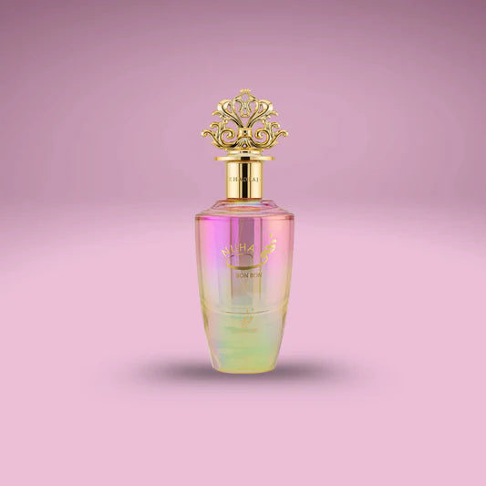 Khadlaj Nuha Bon Bon Eau de Parfum 85 ml bottle – creamy fruity gourmand fragrance with strawberry, milk, peach, ice cream, and vanilla absolute base