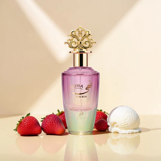 Khadlaj Nuha Bon Bon Eau de Parfum 85 ml bottle – creamy fruity gourmand fragrance with strawberry, milk, peach, ice cream, and vanilla absolute base