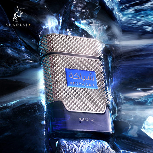 Khadlaj Shiyaaka Blue Eau de Parfum 100 ml bottle – fresh citrus aromatic fragrance with smooth woody musky base