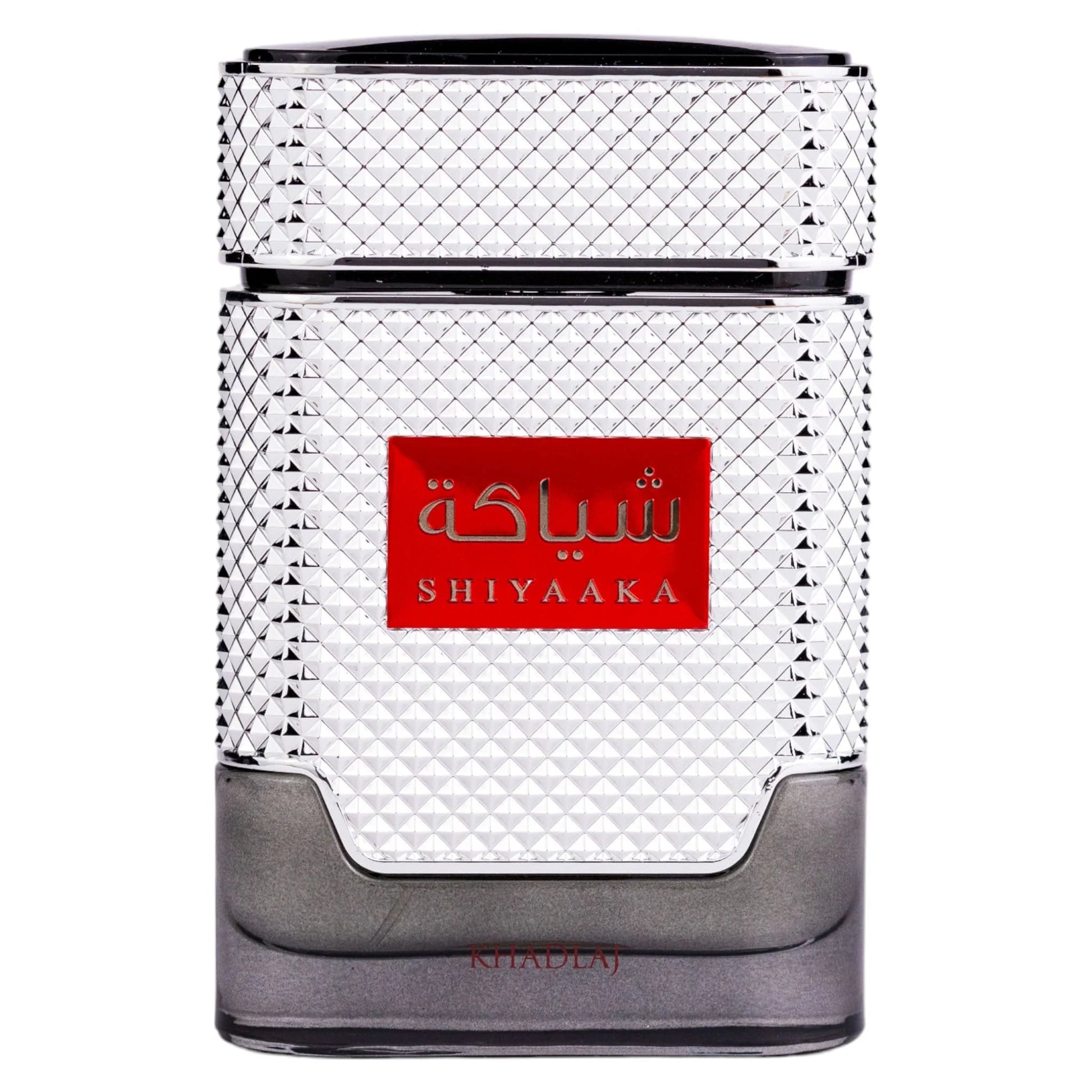 Khadlaj Shiyaaka Silver Eau de Parfum 100 ml bottle – fresh citrus woody fragrance with bergamot, lavender, cedarwood, and musky sandalwood base