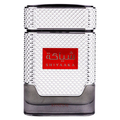 Khadlaj Shiyaaka Silver Eau de Parfum 100 ml bottle – fresh citrus woody fragrance with bergamot, lavender, cedarwood, and musky sandalwood base