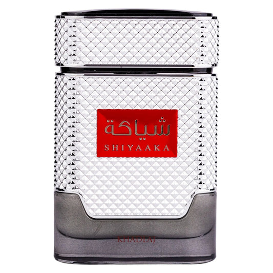 Khadlaj Shiyaaka Silver Eau de Parfum 100 ml bottle – fresh citrus woody fragrance with bergamot, lavender, cedarwood, and musky sandalwood base
