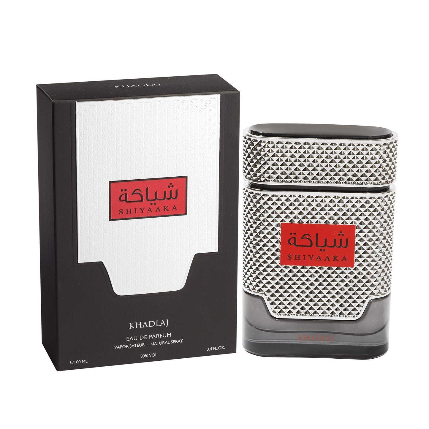 Khadlaj Shiyaaka Silver Eau de Parfum 100 ml bottle – fresh citrus woody fragrance with bergamot, lavender, cedarwood, and musky sandalwood base