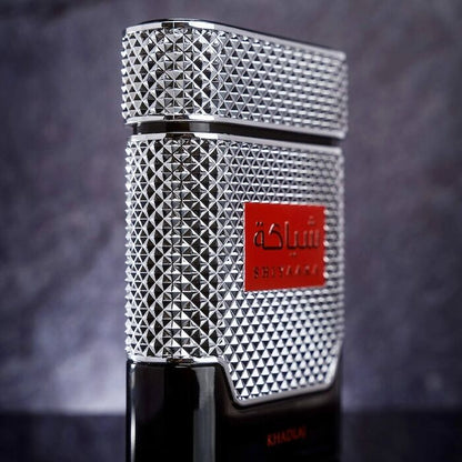 Khadlaj Shiyaaka Silver Eau de Parfum 100 ml bottle – fresh citrus woody fragrance with bergamot, lavender, cedarwood, and musky sandalwood base