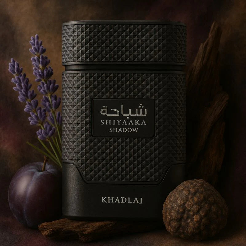 Khadlaj Shiyaaka Shadow 100 ml (3.4 oz) bottle – citrus aromatic opening over spicy woods and amber musk woody base.