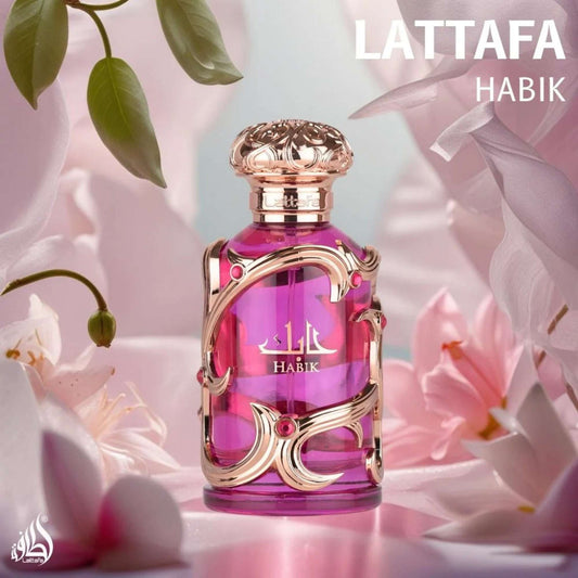 Lattafa Habik for Women Eau de Parfum 100 ml bottle – fruity floral musk fragrance with pear, jasmine, freesia, amber, and oakmoss base