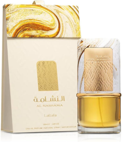 Lattafa Al Nashama Eau de Parfum 100 ml bottle – fruity spicy fragrance with plum, leather, amber, and patchouli base