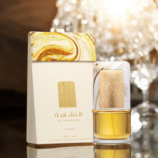 Lattafa Al Nashama Eau de Parfum 100 ml bottle – fruity spicy fragrance with plum, leather, amber, and patchouli base