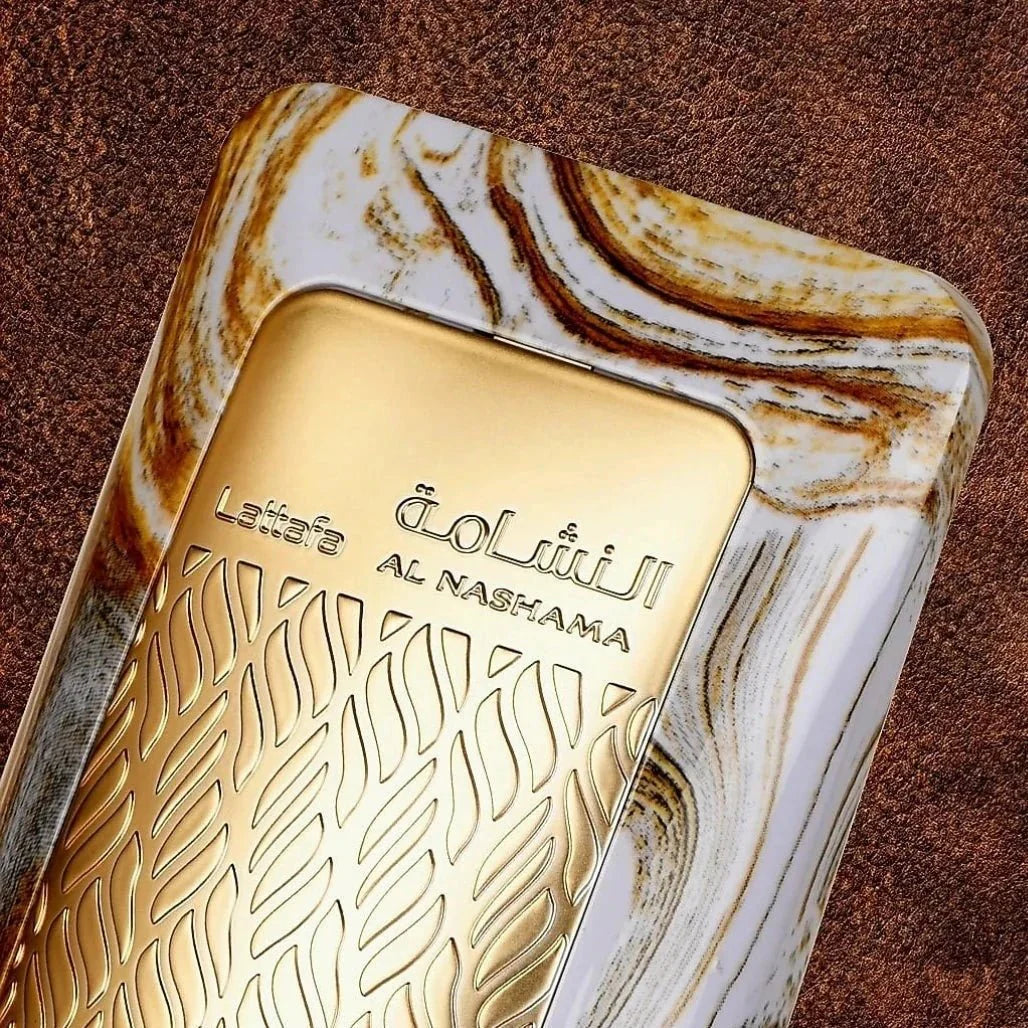 Lattafa Al Nashama Eau de Parfum 100 ml bottle – fruity spicy fragrance with plum, leather, amber, and patchouli base