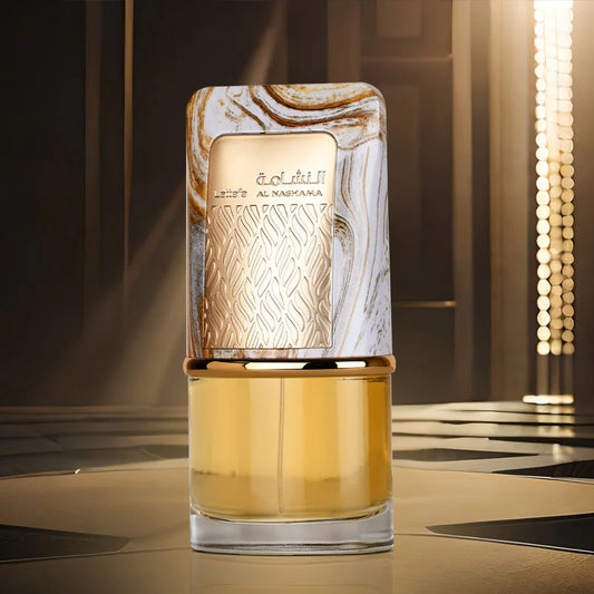 Lattafa Al Nashama Eau de Parfum 100 ml bottle – fruity spicy fragrance with plum, leather, amber, and patchouli base