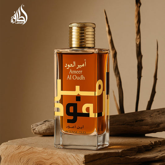 Lattafa Ameer Al Oudh Intense Oud Eau de Parfum 100 ml bottle – smoky oud fragrance with sweet vanilla, amber, and woody base