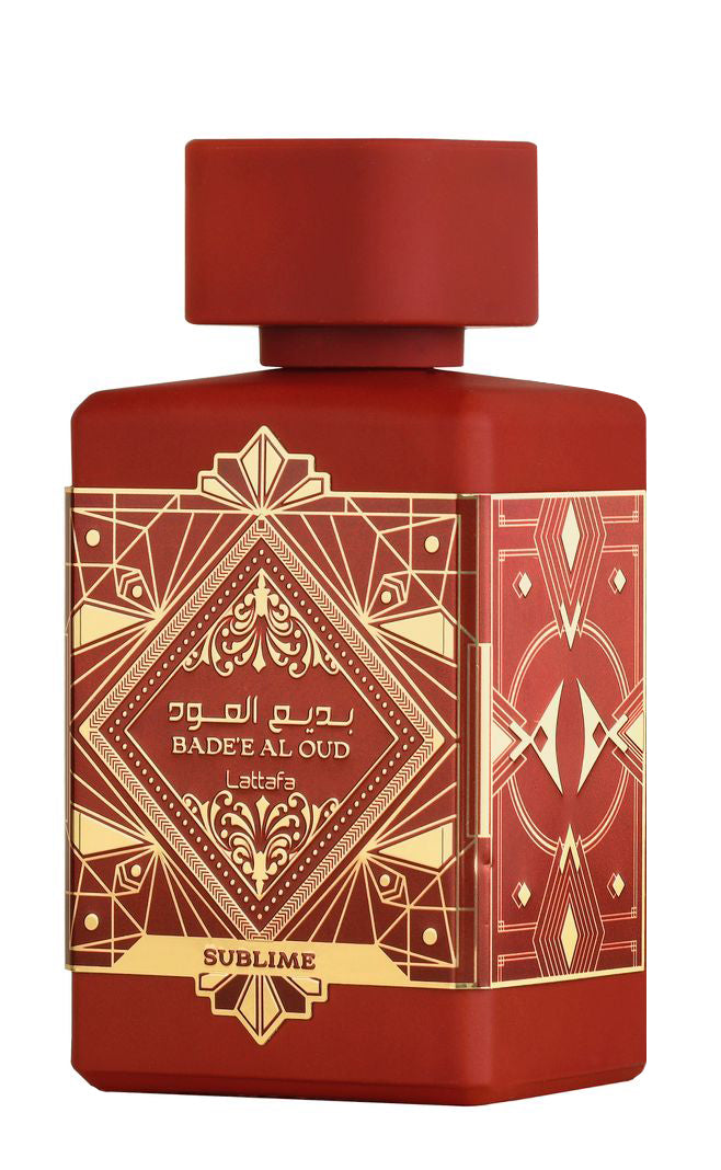 Lattafa Bade’e Al Oud Sublime 100 ml bottle – fruity gourmand fragrance with plum, vanilla, oud, and amber base.