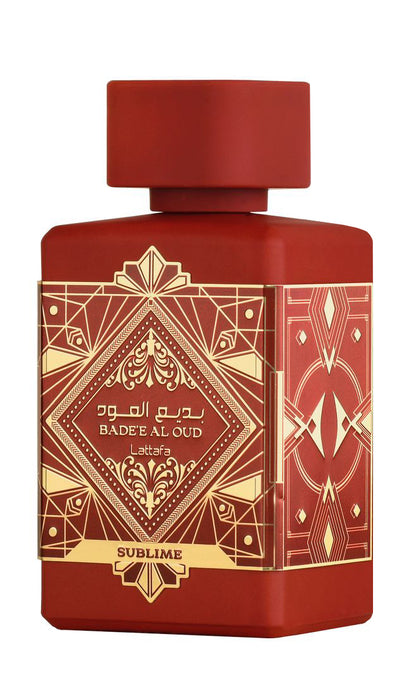 Lattafa Bade’e Al Oud Sublime 100 ml bottle – fruity gourmand fragrance with plum, vanilla, oud, and amber base.