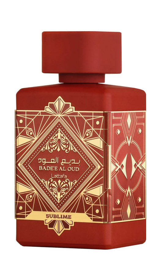 Lattafa Bade’e Al Oud Sublime 100 ml bottle – fruity gourmand fragrance with plum, vanilla, oud, and amber base.