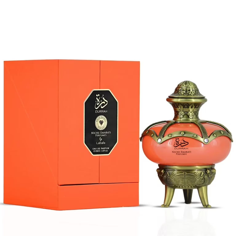 Lattafa Durrah Eau de Parfum 100 ml bottle – fruity floral fragrance with bergamot, jasmine, rose, and creamy vanilla musky base