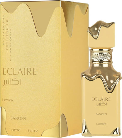 Lattafa Eclaire Banoffi Eau de Parfum 100 ml bottle – banana caramel gourmand fragrance with vanilla, creamy sweetness, and musky woody base