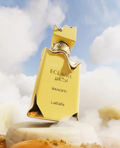 Lattafa Eclaire Banoffi Eau de Parfum 100 ml bottle – banana caramel gourmand fragrance with vanilla, creamy sweetness, and musky woody base