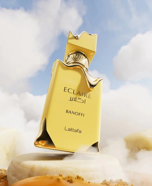Lattafa Eclaire Banoffi Eau de Parfum 100 ml bottle – banana caramel gourmand fragrance with vanilla, creamy sweetness, and musky woody base
