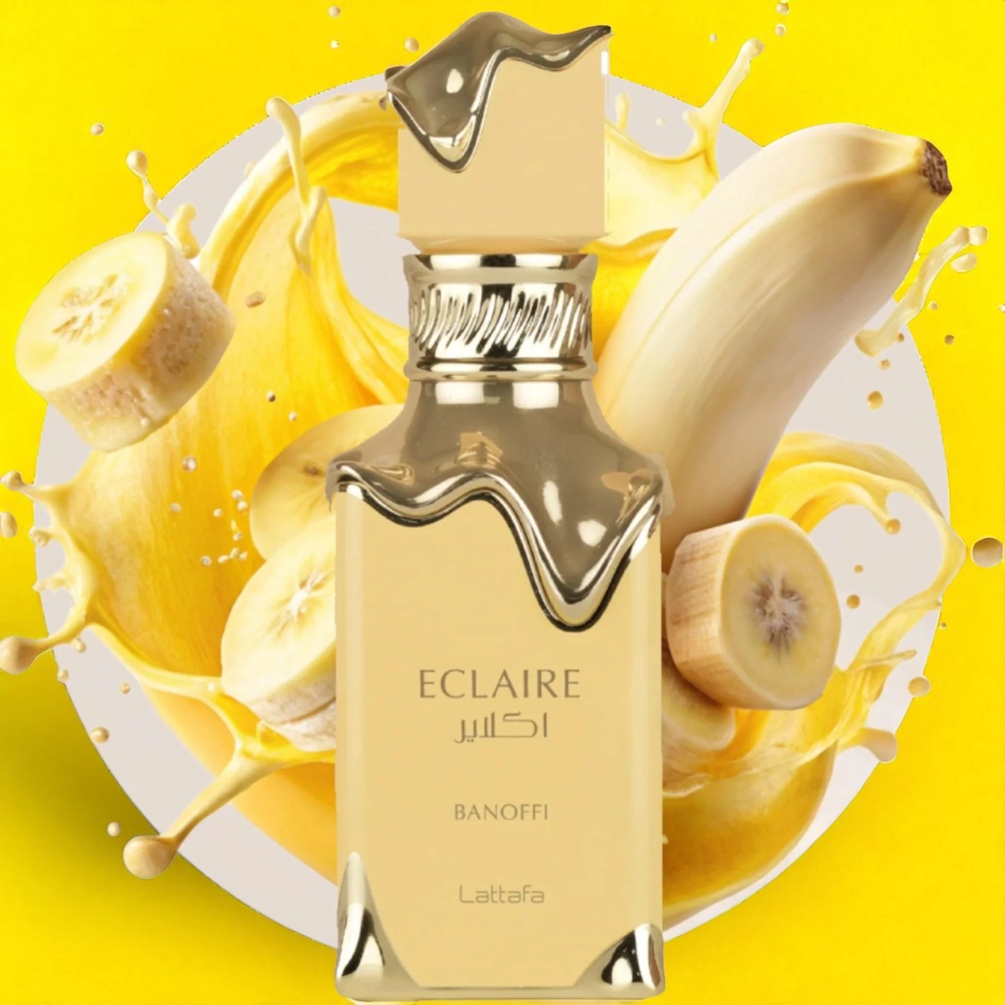 Lattafa Eclaire Banoffi Eau de Parfum 100 ml bottle – banana caramel gourmand fragrance with vanilla, creamy sweetness, and musky woody base