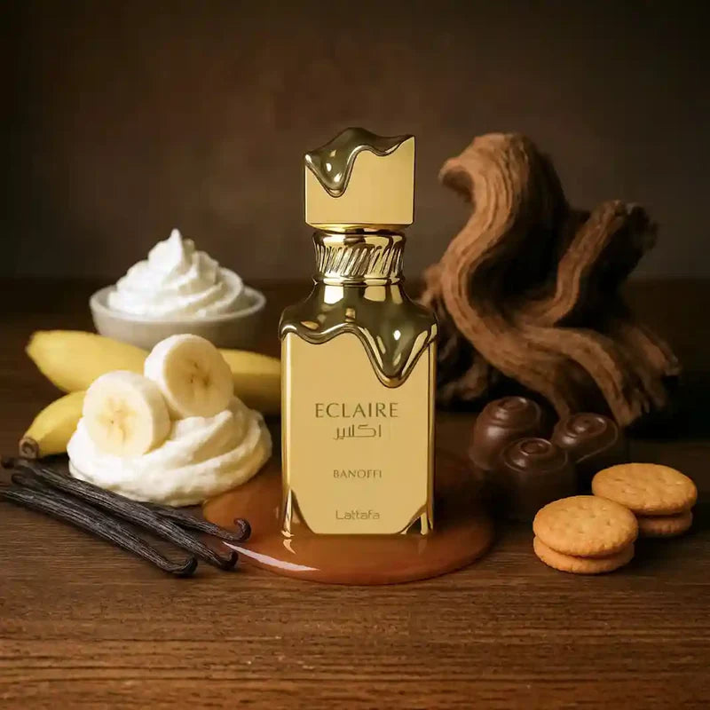Lattafa Eclaire Banoffi Eau de Parfum 100 ml bottle – banana caramel gourmand fragrance with vanilla, creamy sweetness, and musky woody base