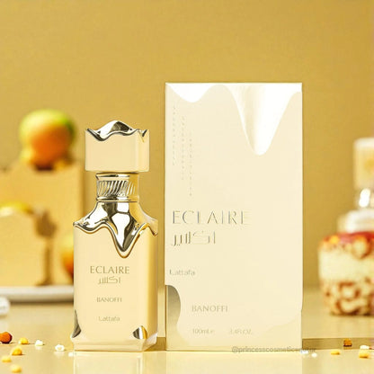 Lattafa Eclaire Banoffi Eau de Parfum 100 ml bottle – banana caramel gourmand fragrance with vanilla, creamy sweetness, and musky woody base