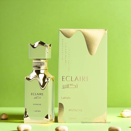 Lattafa Eclaire Pistache Eau de Parfum 100 ml bottle – creamy pistachio gourmand fragrance with cacao, coconut, vanilla, and milky musky base