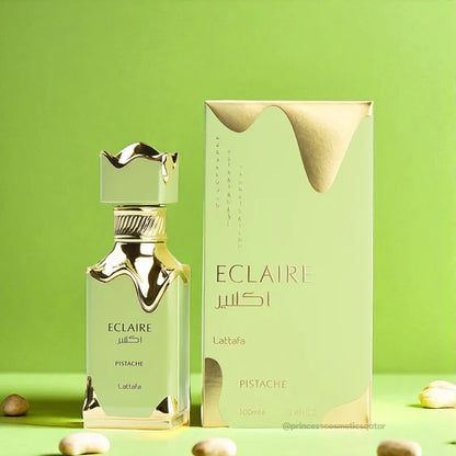 Lattafa Eclaire Pistache Eau de Parfum 100 ml bottle – creamy pistachio gourmand fragrance with cacao, coconut, vanilla, and milky musky base