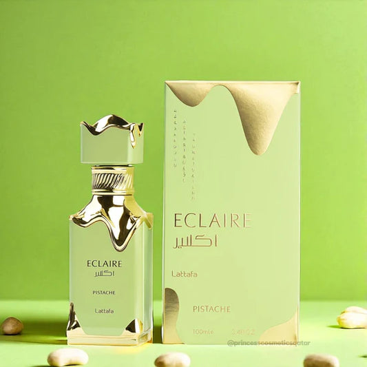 Lattafa Eclaire Pistache Eau de Parfum 100 ml bottle – creamy pistachio gourmand fragrance with cacao, coconut, vanilla, and milky musky base